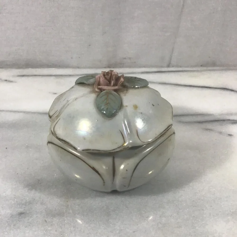 Vintage Japan Opalescent Porcelain Trinket Box Rose Flower Lid Vanity